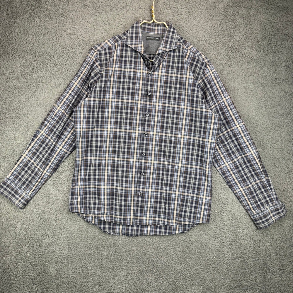 Singer + Sargent Mens Medium Plaid Button Down Long Sleeve Shirt Blue Brown Tan